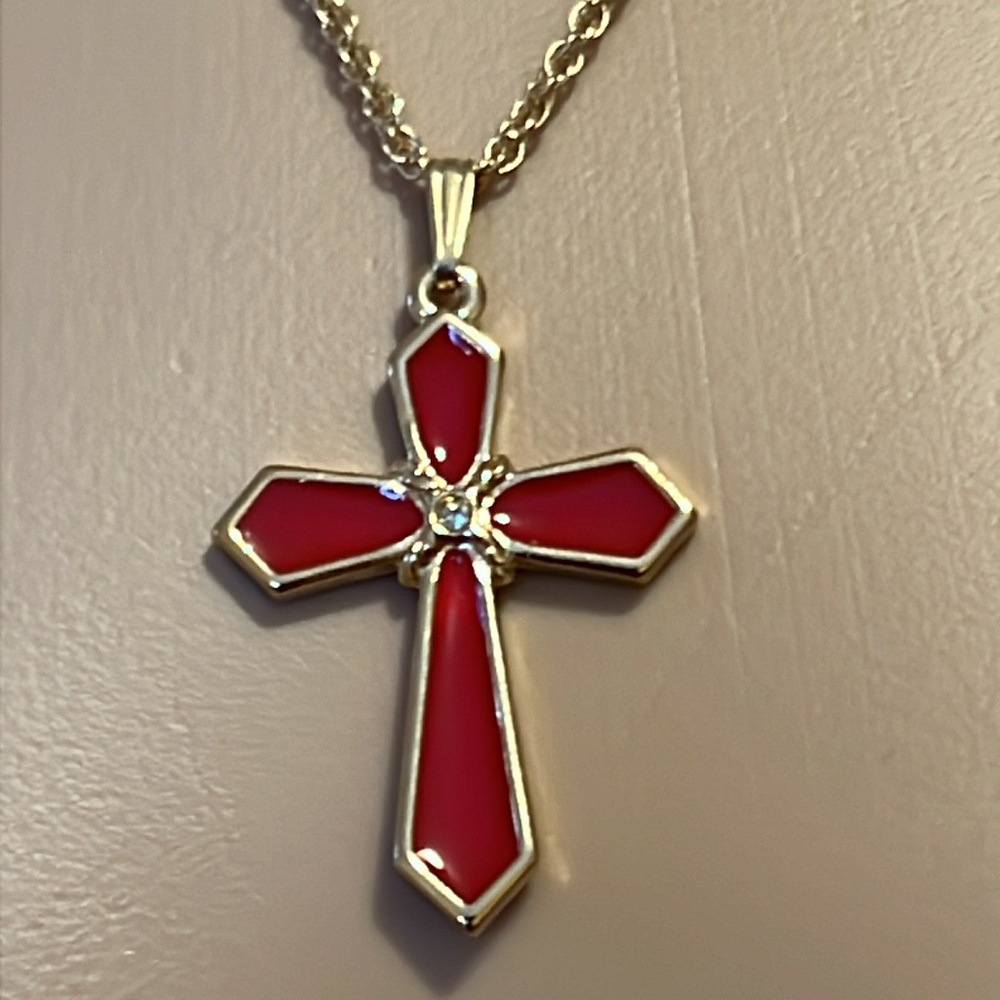 Red Enamel Cross Necklace with Center Rhinestone on Chain Christian Religious